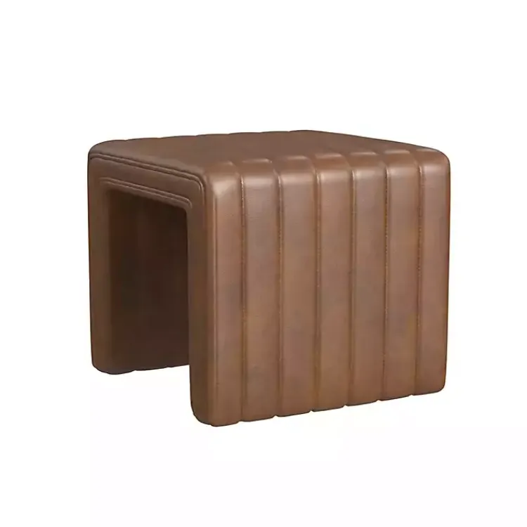 Benches & Ottomans-Kirklands Home Faux Leather Channeled Upholstered Ottoman Brown