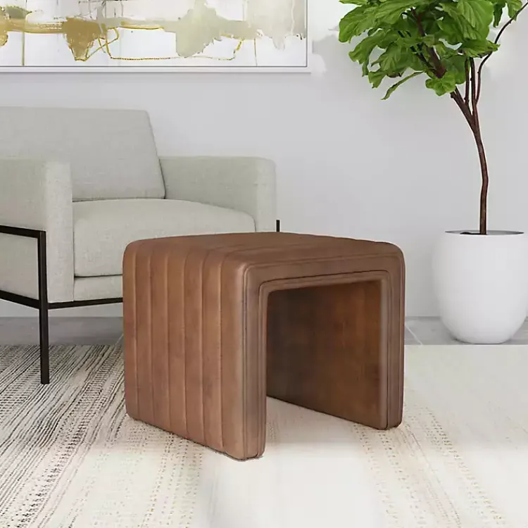 Benches & Ottomans-Kirklands Home Faux Leather Channeled Upholstered Ottoman Brown