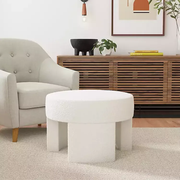 Benches & Ottomans-Kirklands Home Cream Boucle Round Upholstered Ottoman White