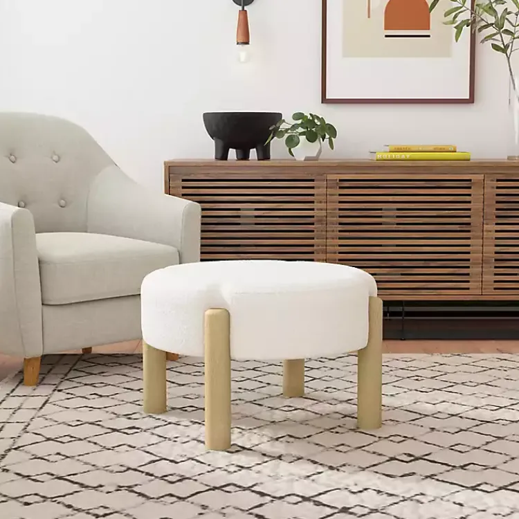 Benches & Ottomans-Kirklands Home Cream Boucle Natural Wood Ottoman White