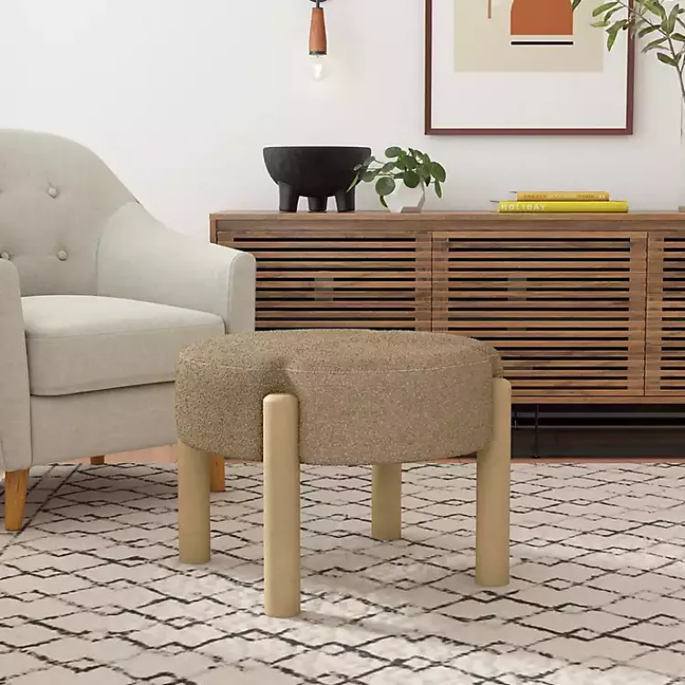Benches & Ottomans-Kirklands Home Boucle Natural Wood Ottoman Brown