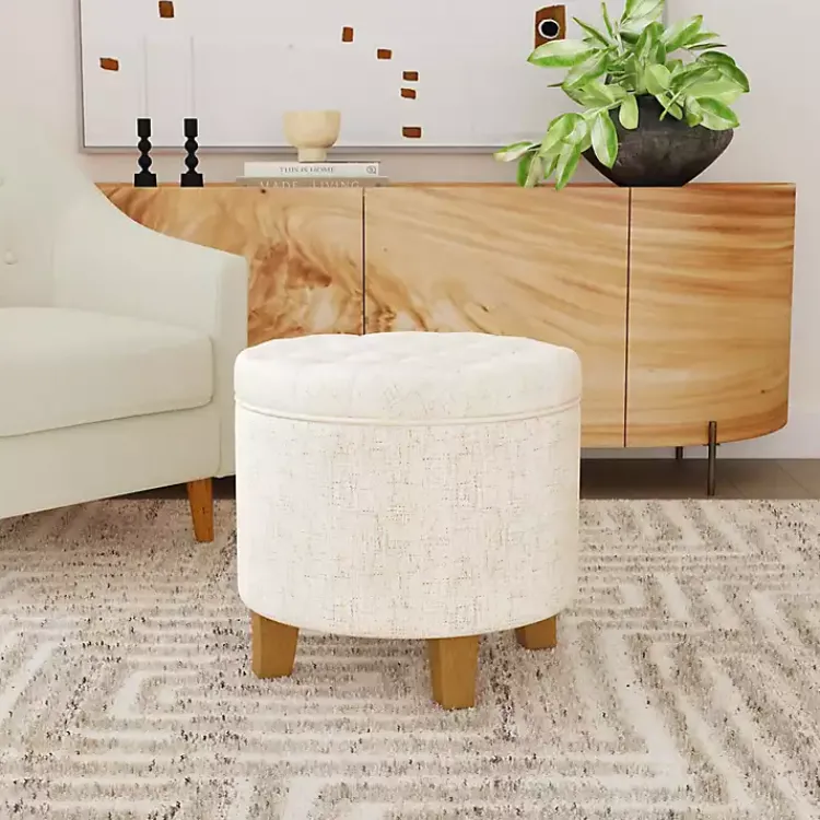 Benches & Ottomans-Kirklands Home Cream Woven Upholstered Tufted Storage Ottoman White