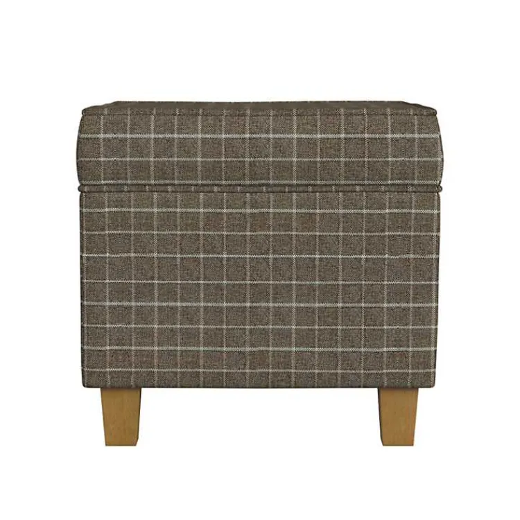 Benches & Ottomans-Kirklands Home Plaid Upholstered Square Storage Ottoman Brown