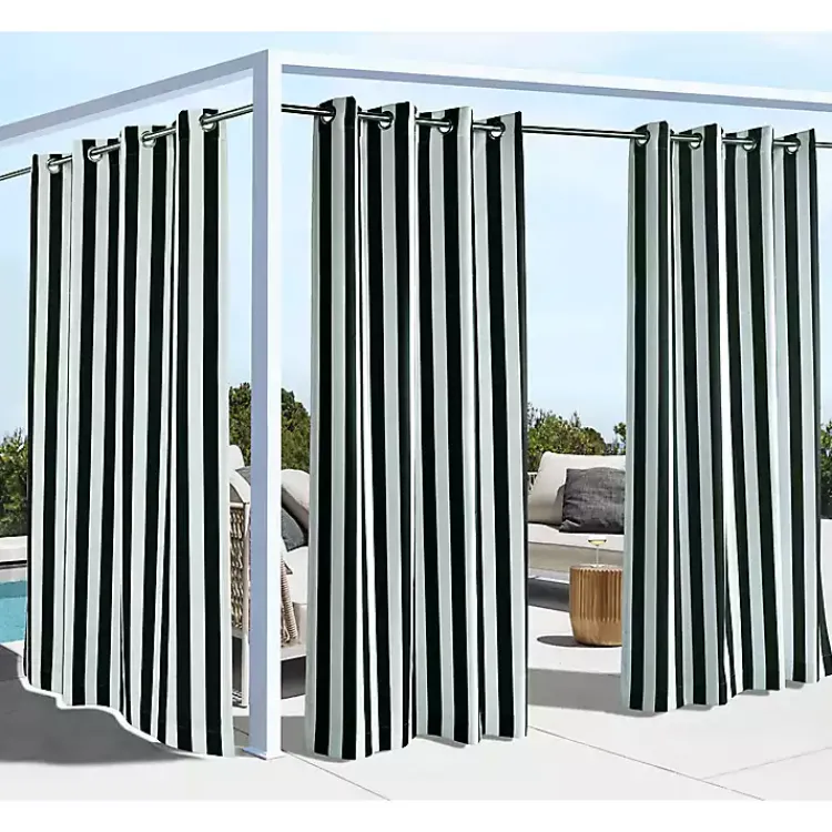 Outdoor Curtains-Kirklands Home Black Coastal Stripe Outdoor Curtain Panel, 84 in.