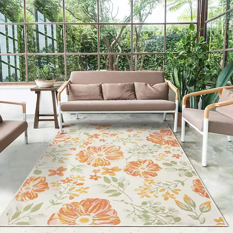 Outdoor Rugs-Kirklands Home Orange & Green Floral Reversible Outdoor Rug, 5x7