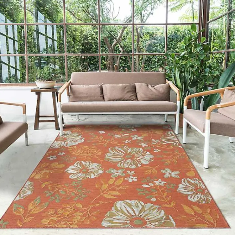 Outdoor Rugs-Kirklands Home Orange & Green Floral Reversible Outdoor Rug, 5x7