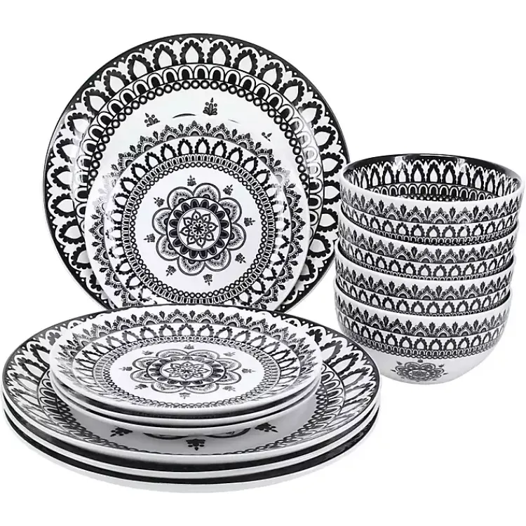Dinnerware-Kirklands Home Black Lila Patterned 12-pc. Dinnerware Set