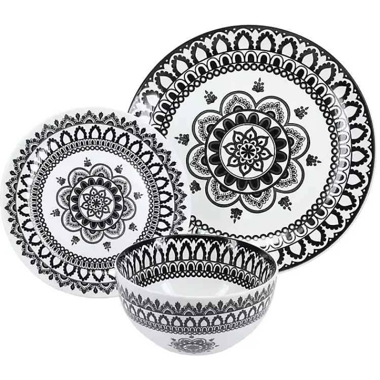 Dinnerware-Kirklands Home Black Lila Patterned 12-pc. Dinnerware Set