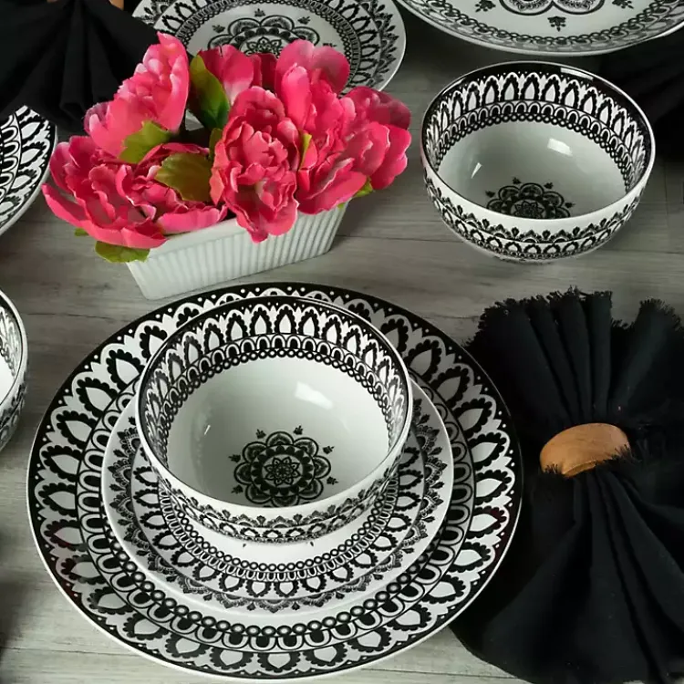 Dinnerware-Kirklands Home Black Lila Patterned 12-pc. Dinnerware Set