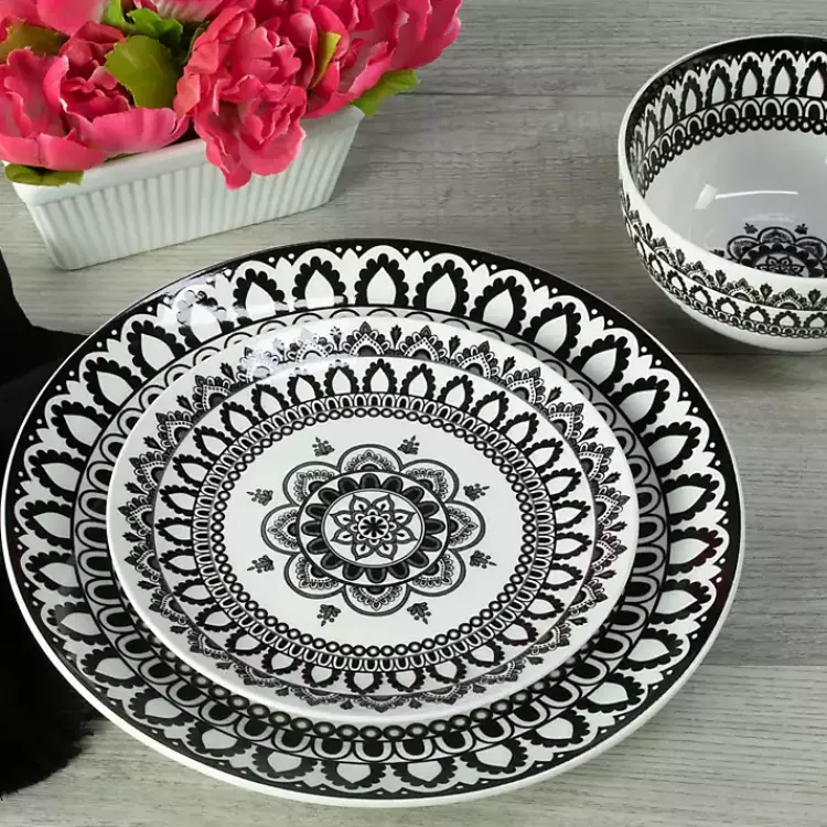 Dinnerware-Kirklands Home Black Lila Patterned 12-pc. Dinnerware Set