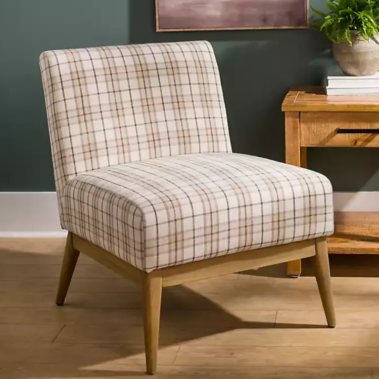 Accent Chairs-Kirklands Home Neutral Plaid Slipper Accent Chair
