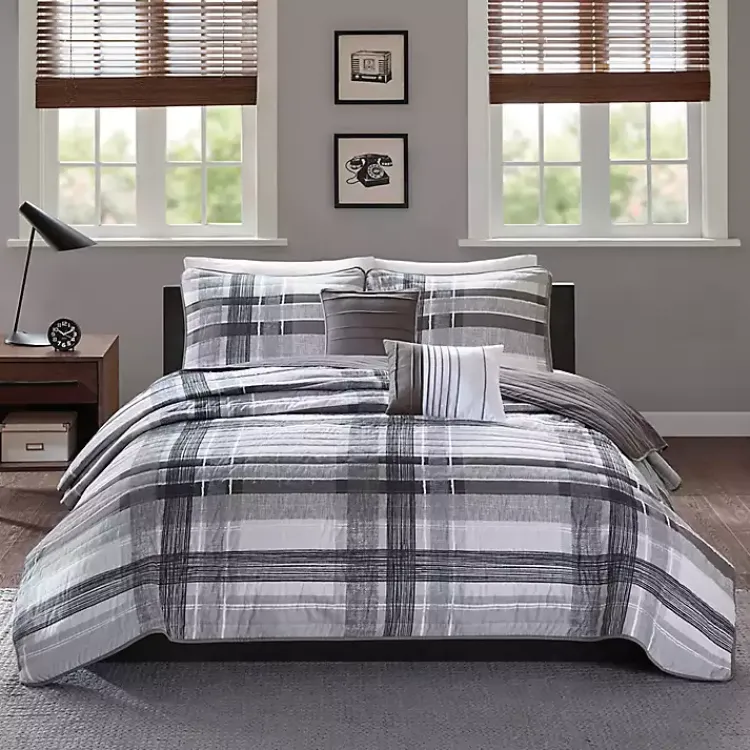 Comforters-Kirklands Home Jax Plaid 5-pc. Full/Queen Comforter Set Gray