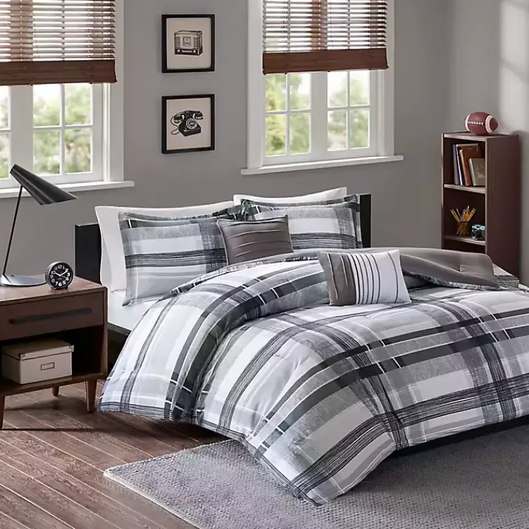 Comforters-Kirklands Home Jax Plaid 5-pc. Full/Queen Comforter Set Gray