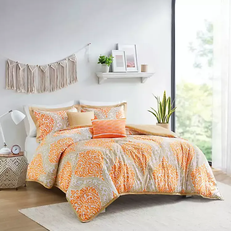 Comforters-Kirklands Home Orange Damask 5-pc. Full/Queen Comforter Set