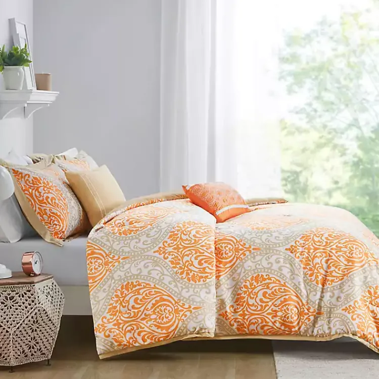 Comforters-Kirklands Home Orange Damask 5-pc. Full/Queen Comforter Set