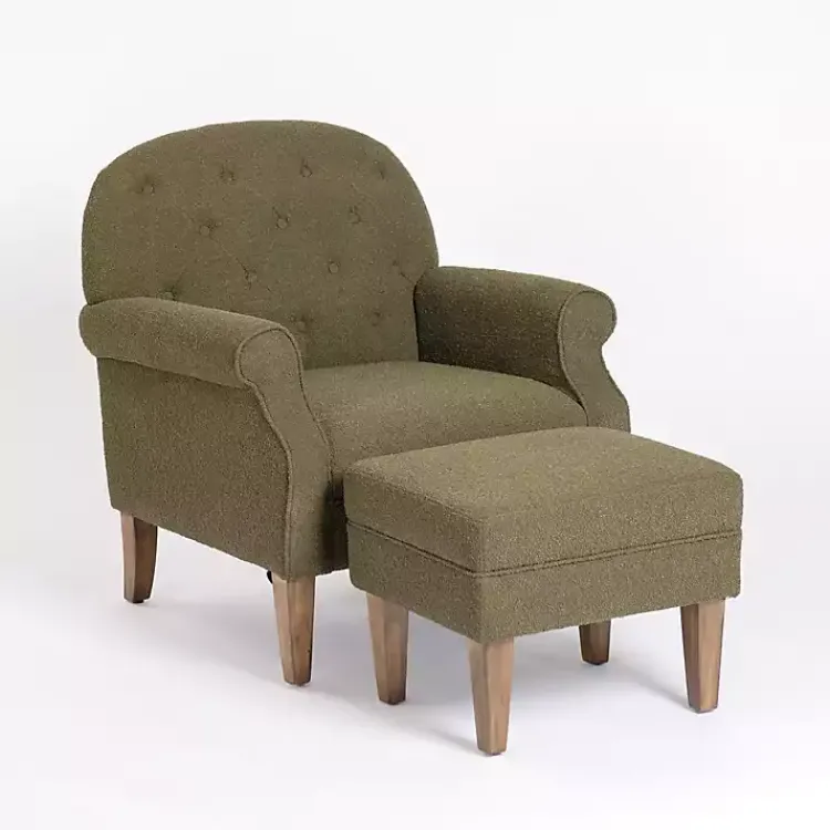 Accent Chairs-Kirklands Home Olive Boucle Tufted Chair & Ottoman Set Green