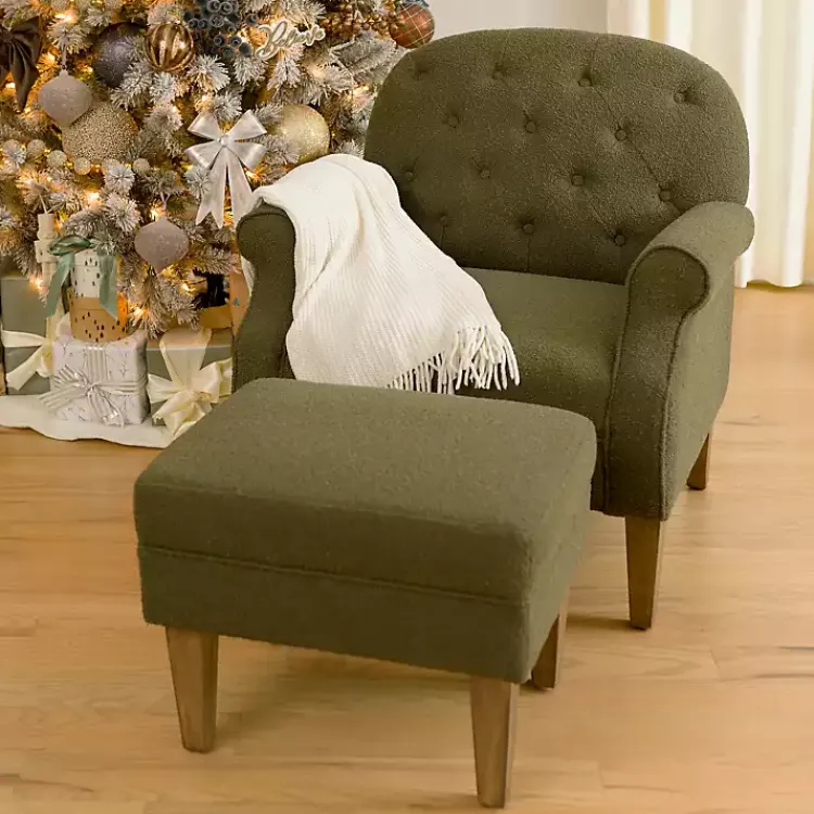 Accent Chairs-Kirklands Home Olive Boucle Tufted Chair & Ottoman Set Green