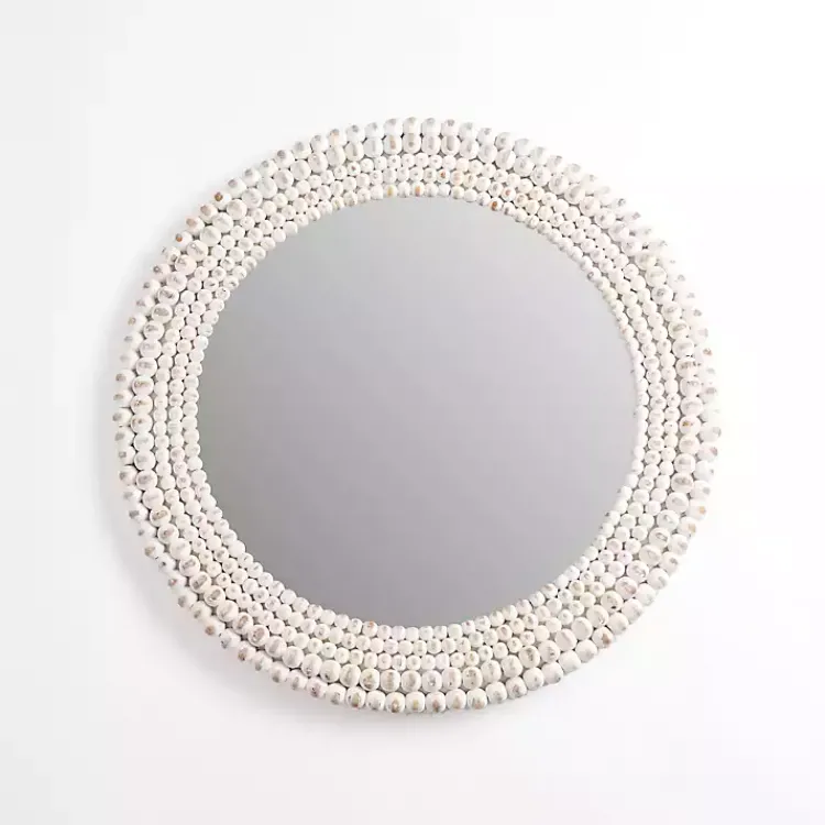 Decorative Mirrors-Kirklands Home Round Distressed White Beaded Wall Mirror