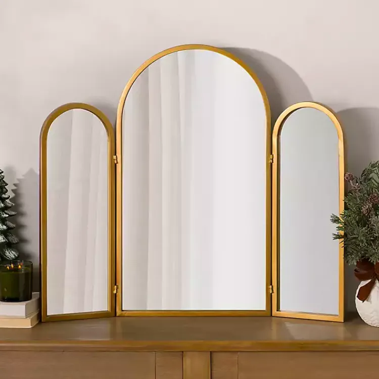 Decorative Mirrors-Kirklands Home Rounded Edge Trifold Wall Mirror Gold