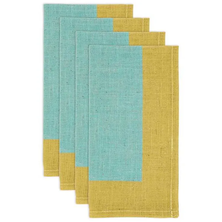 Table Linens-Kirklands Home Teal and Mustard Colorblock Napkins, Set of 4