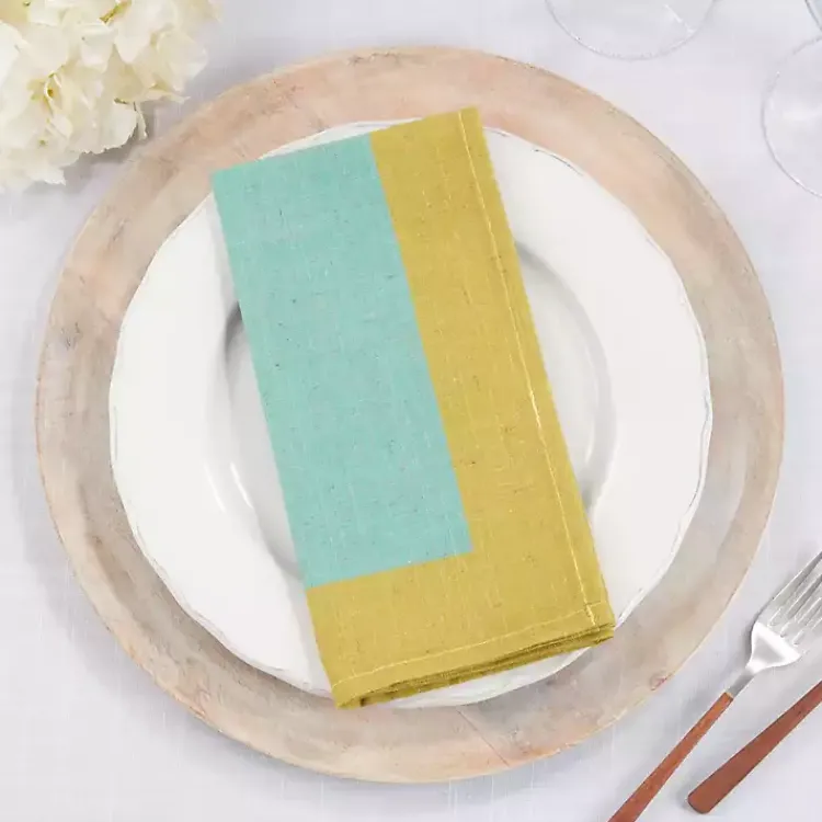 Table Linens-Kirklands Home Teal and Mustard Colorblock Napkins, Set of 4