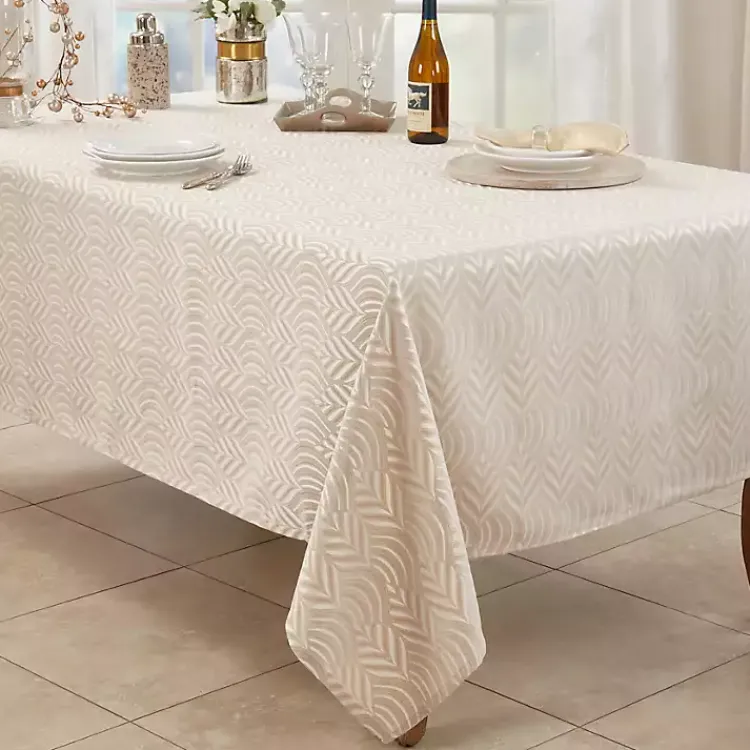 Table Linens-Kirklands Home Beige Jacquard Leaf Tablecloth, 90 in. Brown