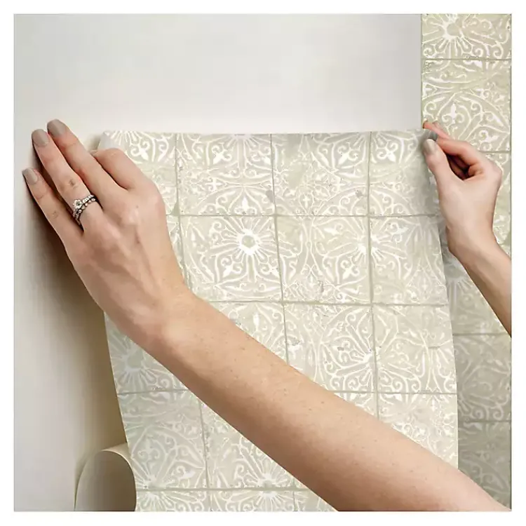 Wall Murals & Wallpaper-Kirklands Home Cream Provincial Tiles Peel & Stick Wallpaper Tan
