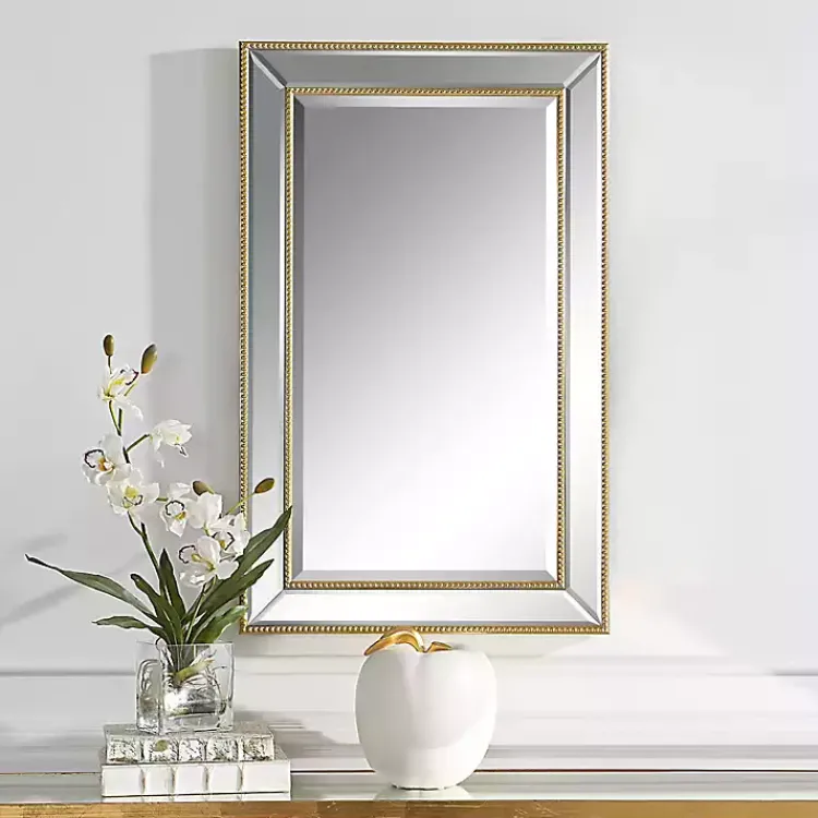 Decorative Mirrors-Kirklands Home Beaded Double Frame Beveled Wall Mirror Gold
