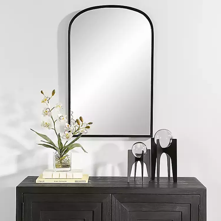 Framed Mirrors-Kirklands Home Black Simple Round Top Wall Mirror