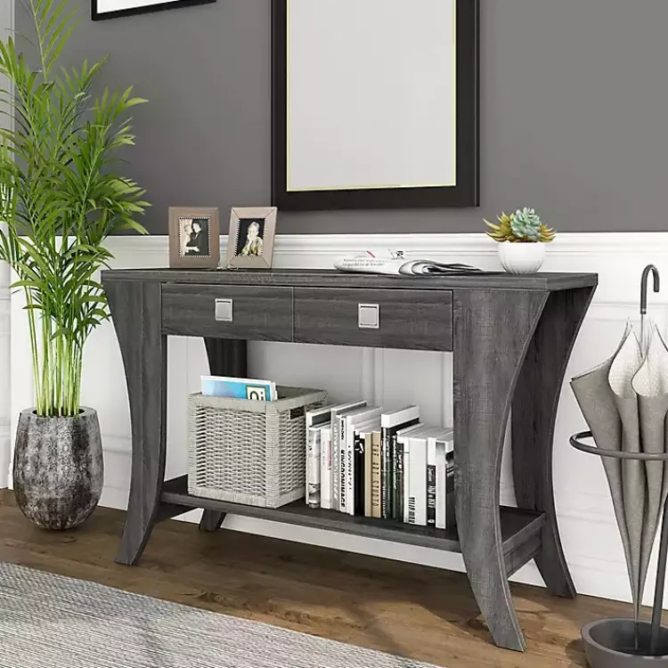 Console Tables-Kirklands Home Charcoal Wood 2-Drawer Console Table Gray