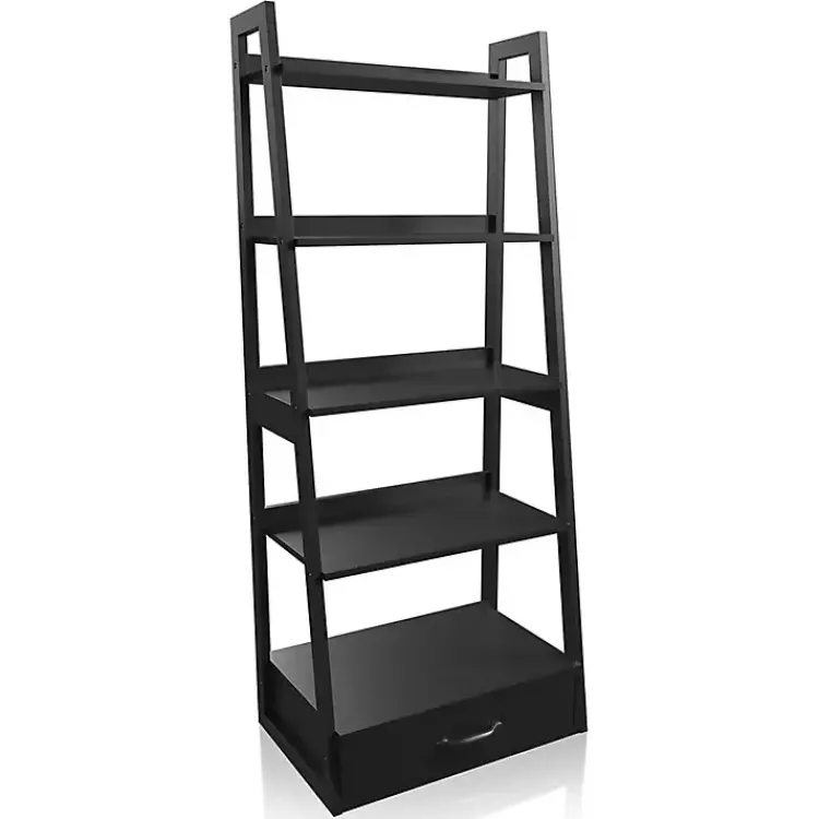 Bookshelves-Kirklands Home Wood 5-Shelf Leaning Bookshelf Black