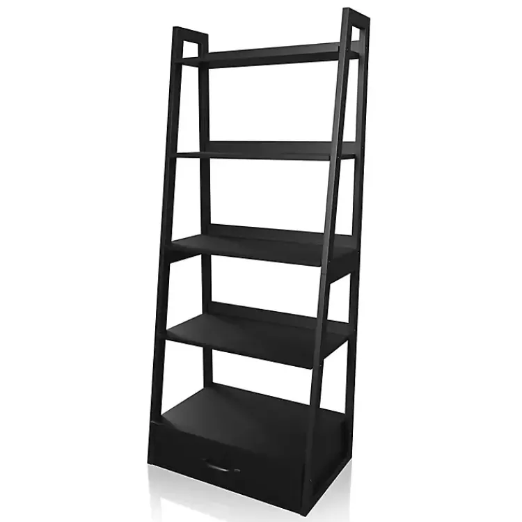 Bookshelves-Kirklands Home Wood 5-Shelf Leaning Bookshelf Black