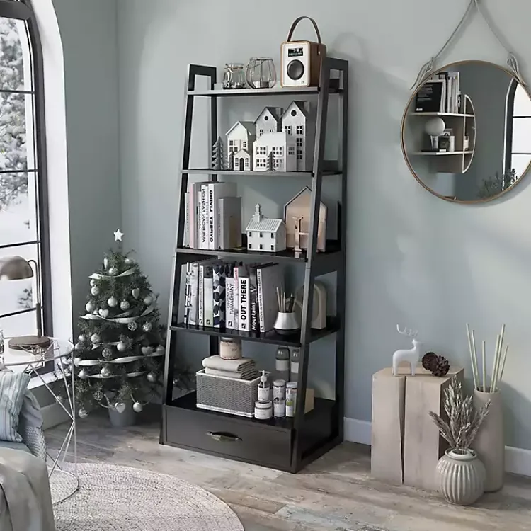 Bookshelves-Kirklands Home Wood 5-Shelf Leaning Bookshelf Black