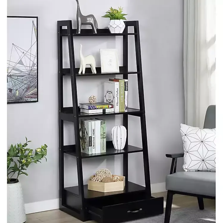 Bookshelves-Kirklands Home Wood 5-Shelf Leaning Bookshelf Black