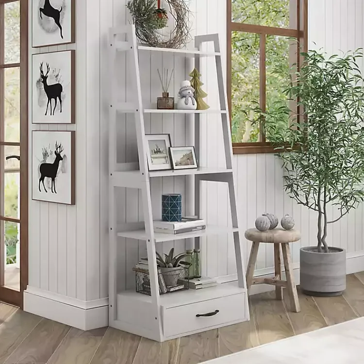 Bookshelves-Kirklands Home Wood 5-Shelf Leaning Bookshelf White