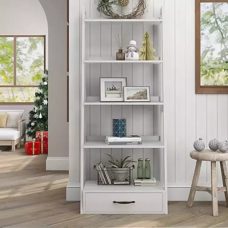 Bookshelves-Kirklands Home Wood 5-Shelf Leaning Bookshelf White
