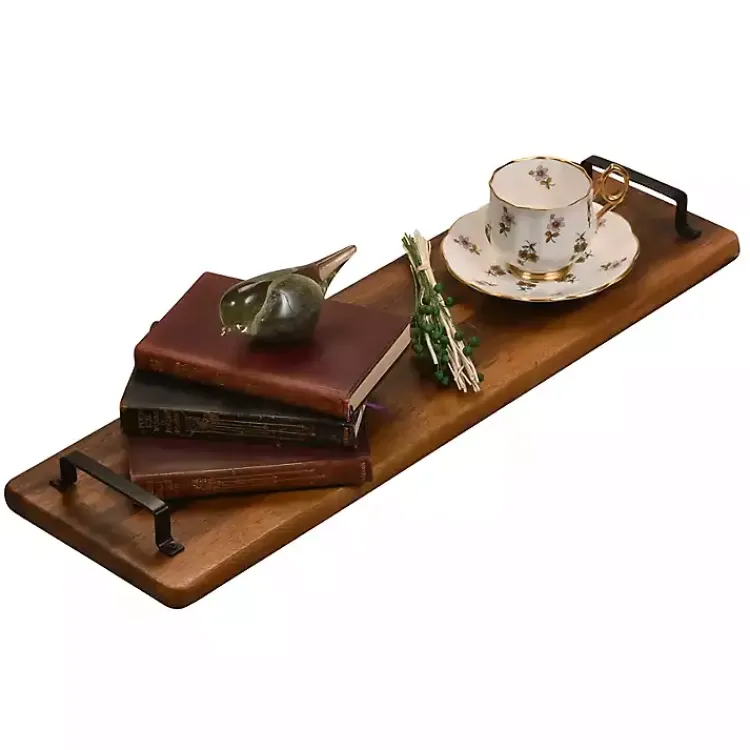 Serving & Entertaining-Kirklands Home Natural Acacia Long Tray with Handles Brown