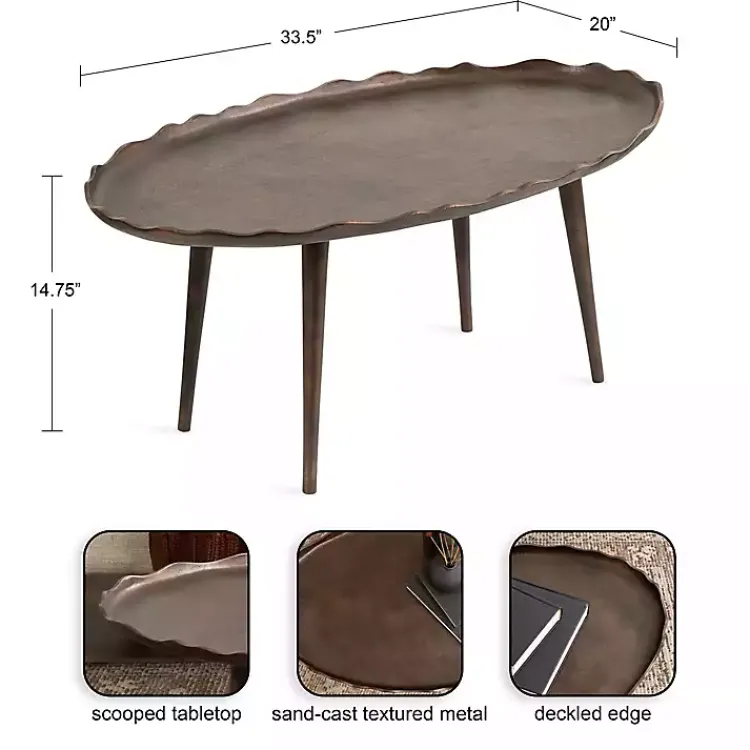 Coffee Tables-Kirklands Home Bronze Metal Deckled Edge Oval Coffee Table Brown