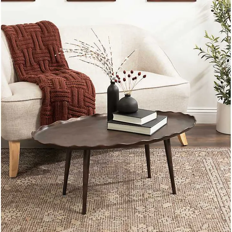Coffee Tables-Kirklands Home Bronze Metal Deckled Edge Oval Coffee Table Brown
