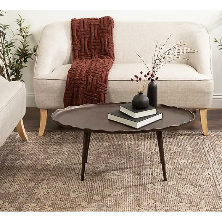 Coffee Tables-Kirklands Home Bronze Metal Deckled Edge Oval Coffee Table Brown