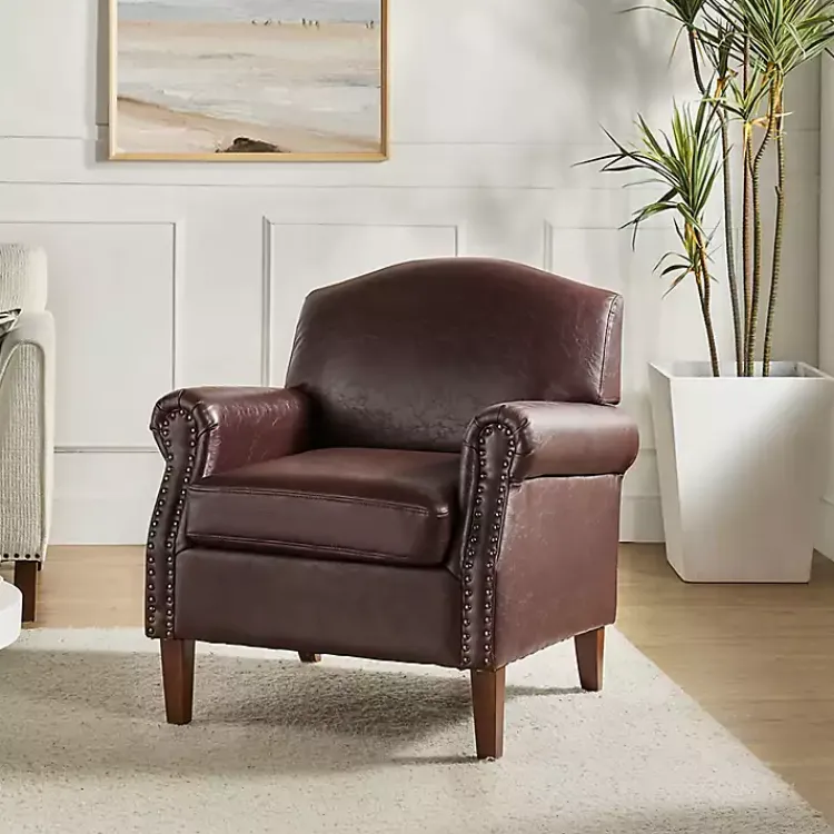 Accent Chairs-Kirklands Home Faux Leather Nailhead Taylor Armchair Brown