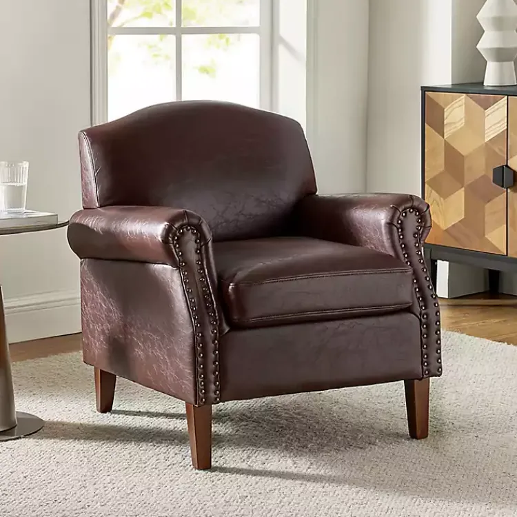 Accent Chairs-Kirklands Home Faux Leather Nailhead Taylor Armchair Brown