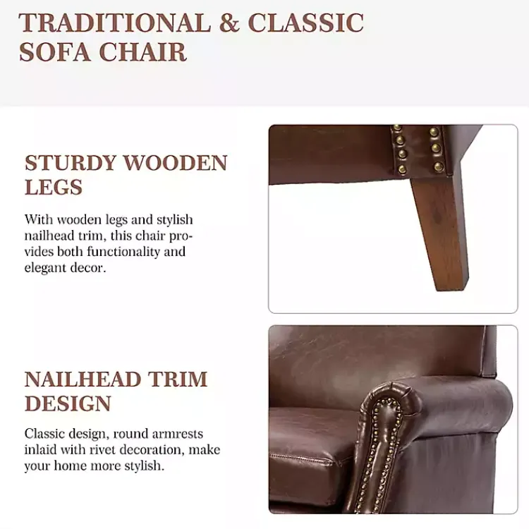 Accent Chairs-Kirklands Home Faux Leather Nailhead Taylor Armchair Brown