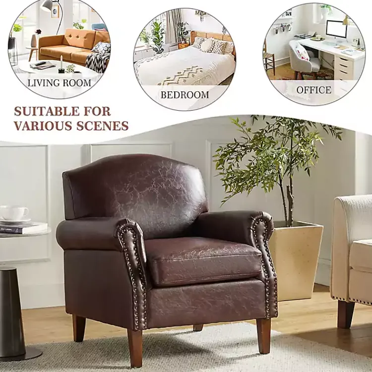 Accent Chairs-Kirklands Home Faux Leather Nailhead Taylor Armchair Brown