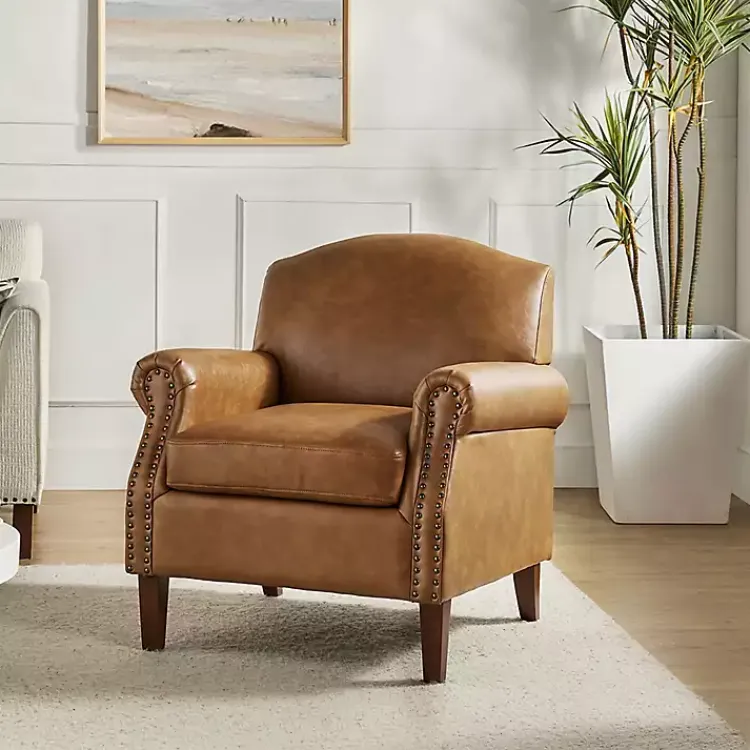Accent Chairs-Kirklands Home Camel Faux Leather Nailhead Taylor Armchair Tan