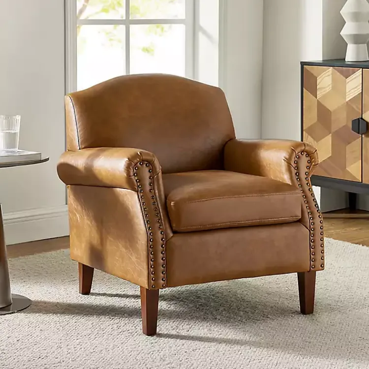 Accent Chairs-Kirklands Home Camel Faux Leather Nailhead Taylor Armchair Tan