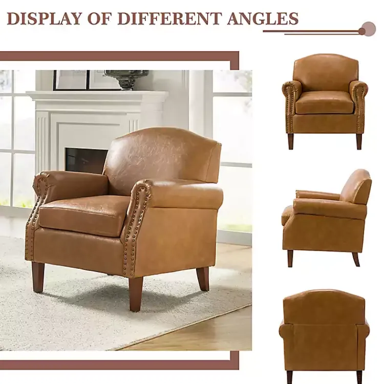 Accent Chairs-Kirklands Home Camel Faux Leather Nailhead Taylor Armchair Tan