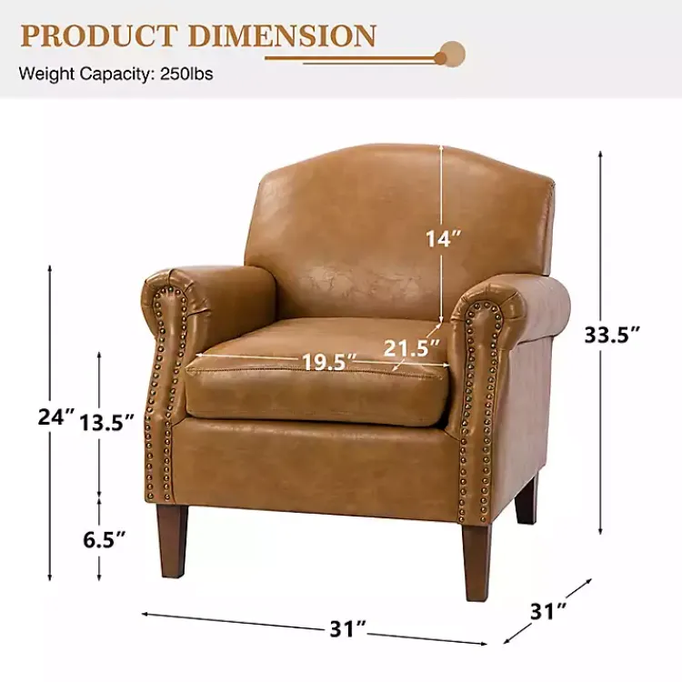 Accent Chairs-Kirklands Home Camel Faux Leather Nailhead Taylor Armchair Tan