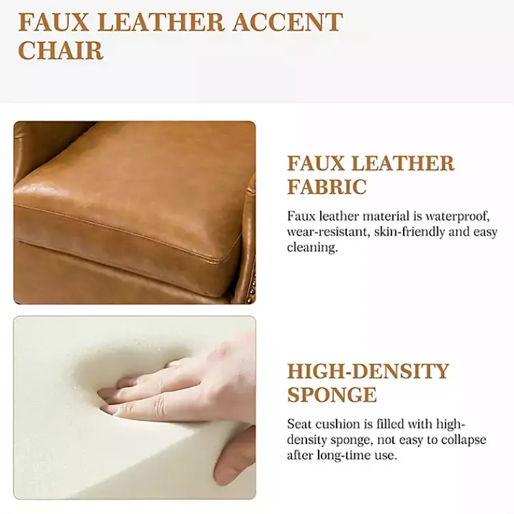 Accent Chairs-Kirklands Home Camel Faux Leather Nailhead Taylor Armchair Tan