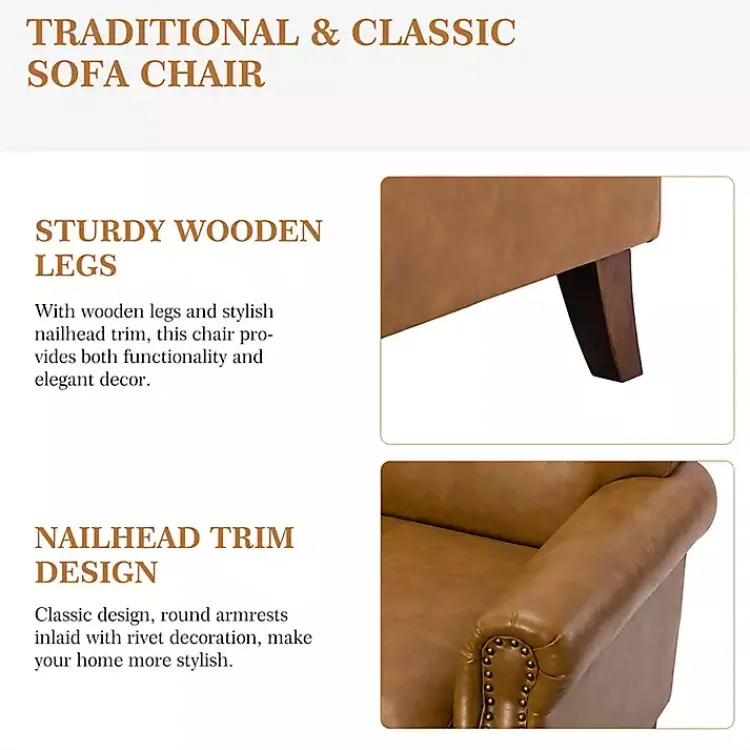 Accent Chairs-Kirklands Home Camel Faux Leather Nailhead Taylor Armchair Tan